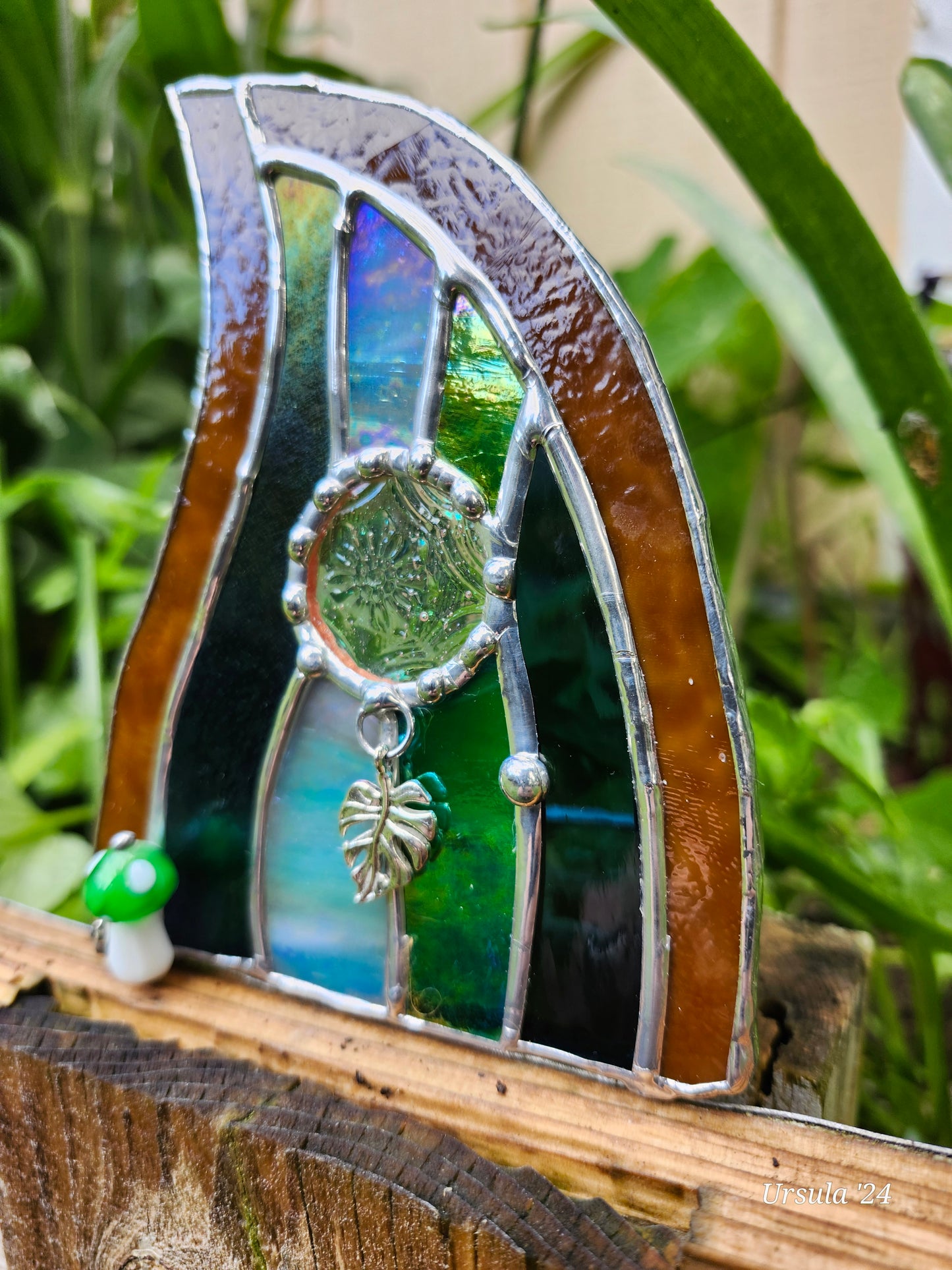 Fairy Door, candle shield, night light cover, Stained glass.  Garden art to shelf decor