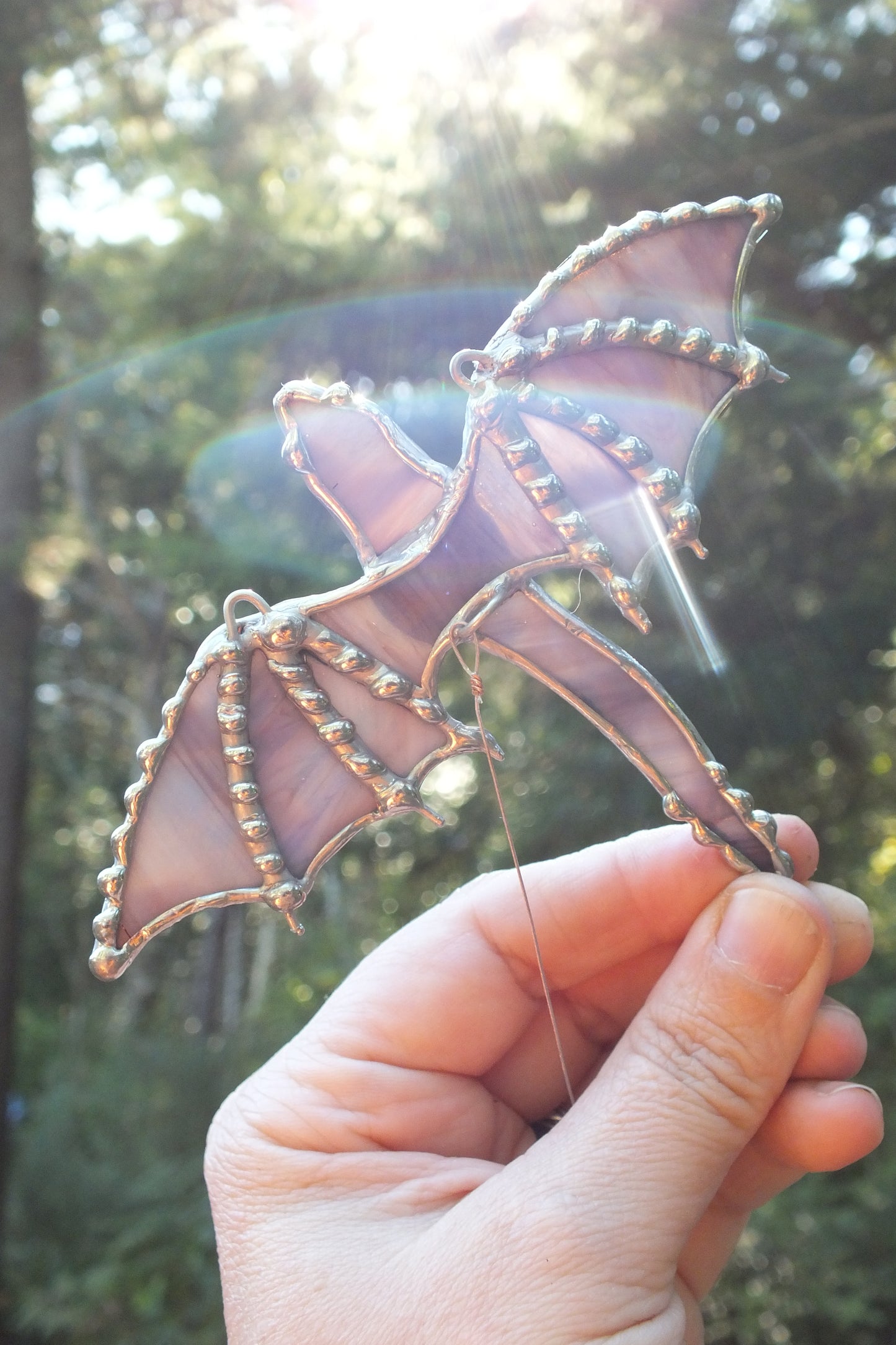 3D Dragon, stained glass, sun catcher, fire lizard, fantasy art. Lavender marbled tiffany glass