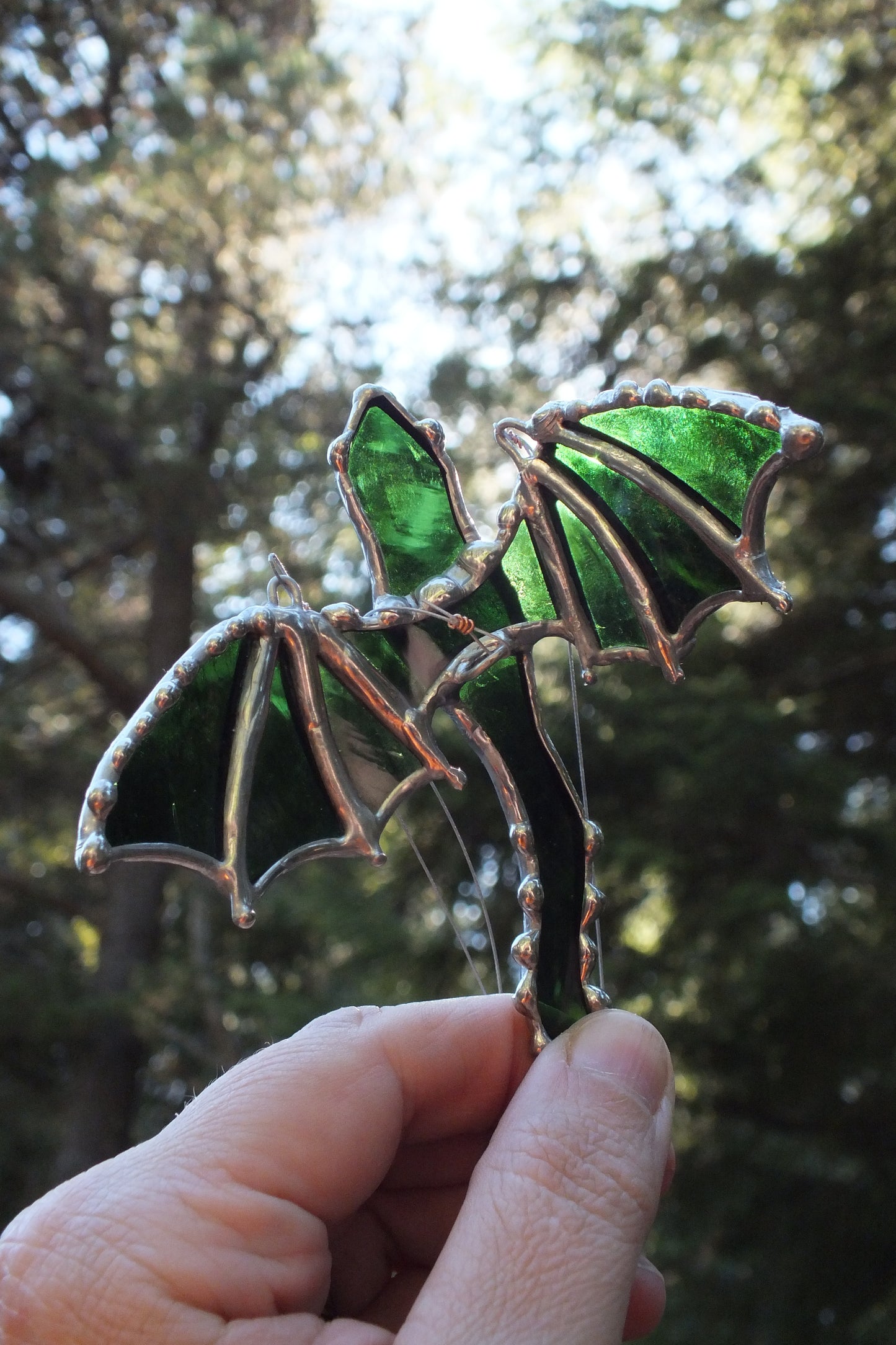 3D Dragon, stained glass, sun catcher, fire lizard, fantasy art. Green (jeweled)Contoured wings