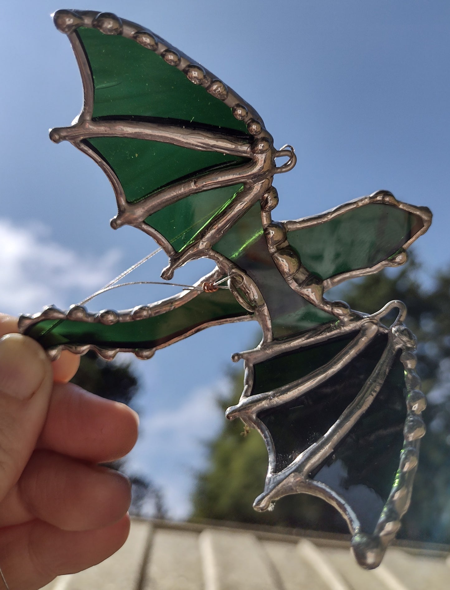 3D Dragon, stained glass, sun catcher, fire lizard, fantasy art. Green (jeweled)Contoured wings