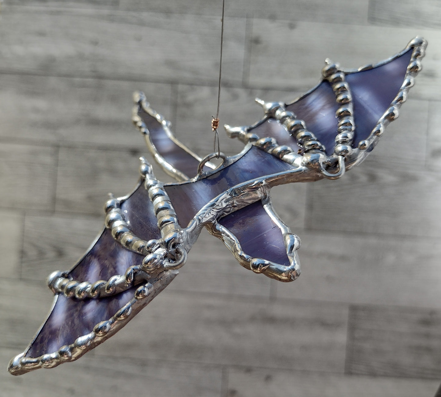 3D Dragon, stained glass, sun catcher, fire lizard, fantasy art. Lavender marbled tiffany glass