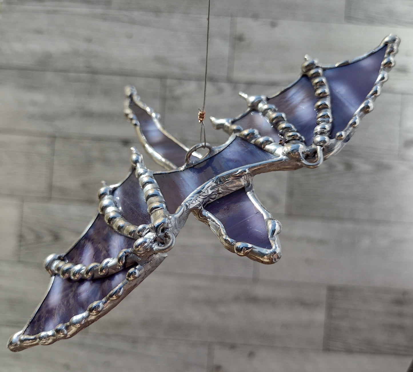 3D Dragon, stained glass, sun catcher, fire lizard, fantasy art.   Lavender marbled tiffany glass