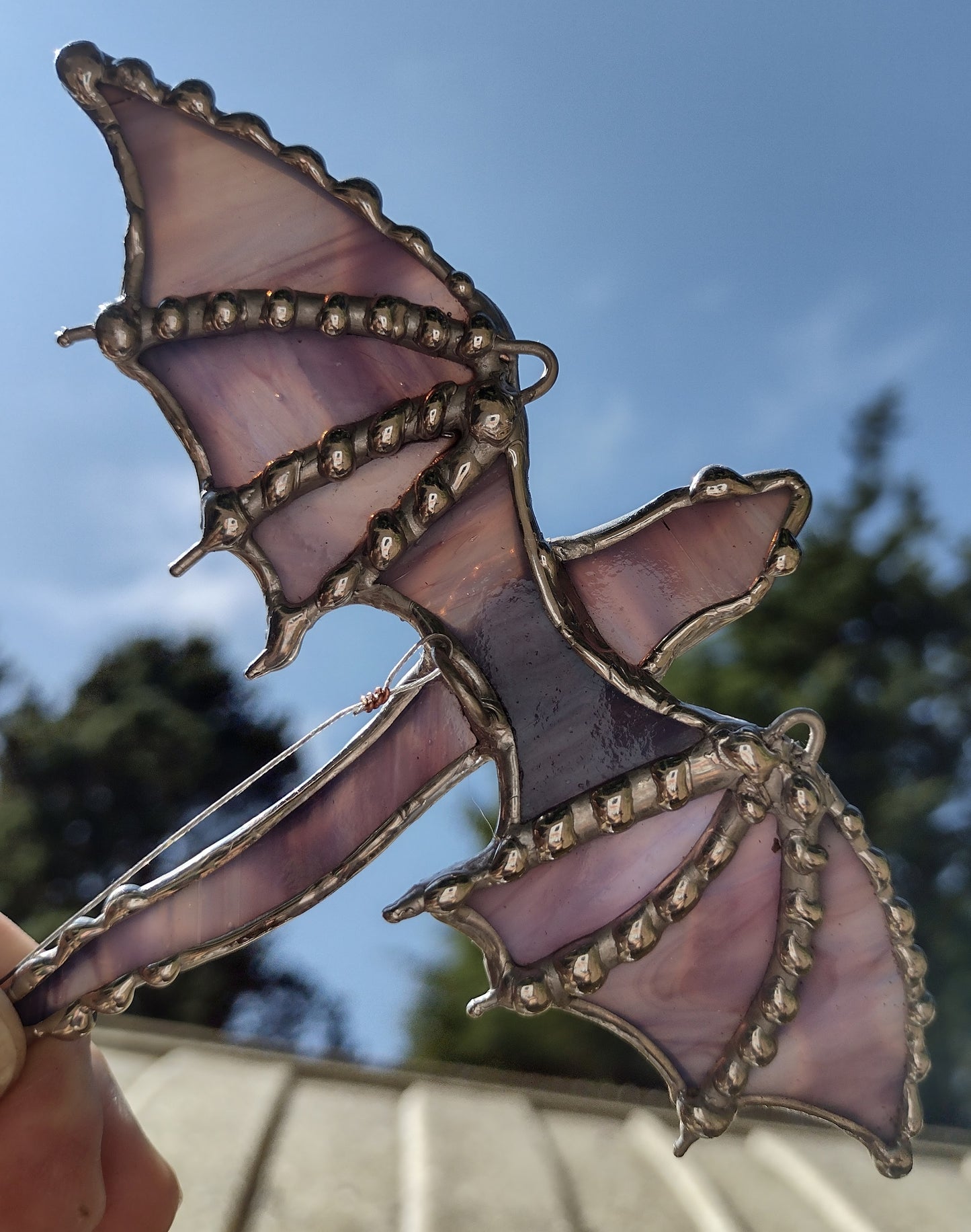 3D Dragon, stained glass, sun catcher, fire lizard, fantasy art.   Lavender marbled tiffany glass
