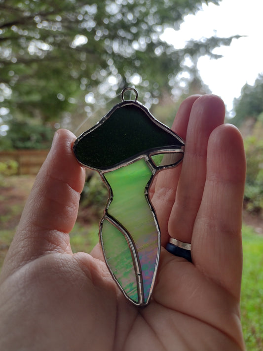 Goddess, mushroom, Iridescent opal green,  Stained Glass suncatcher