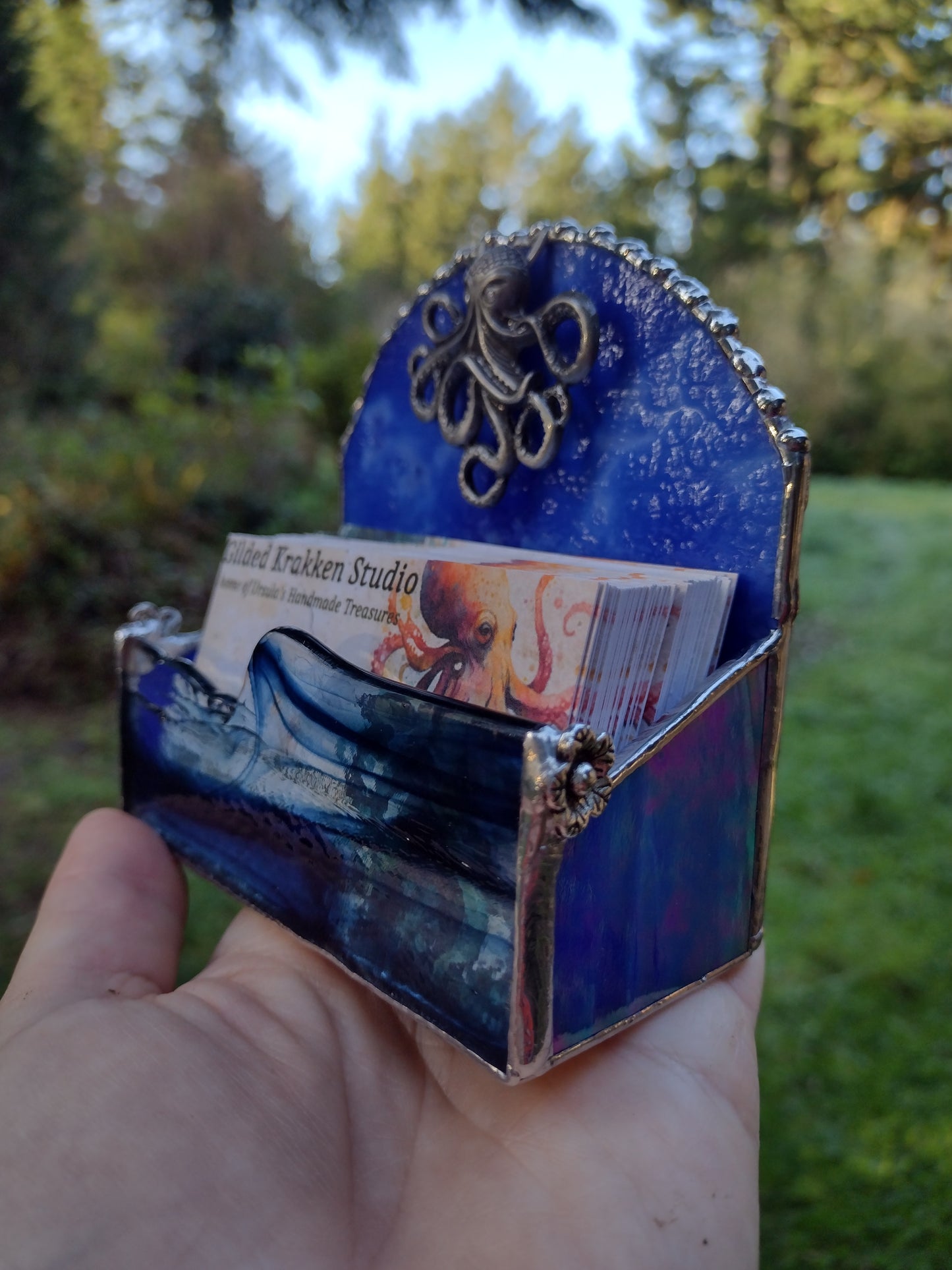 Business card holder, Stained Glass, Blue iridescent octopus, flower