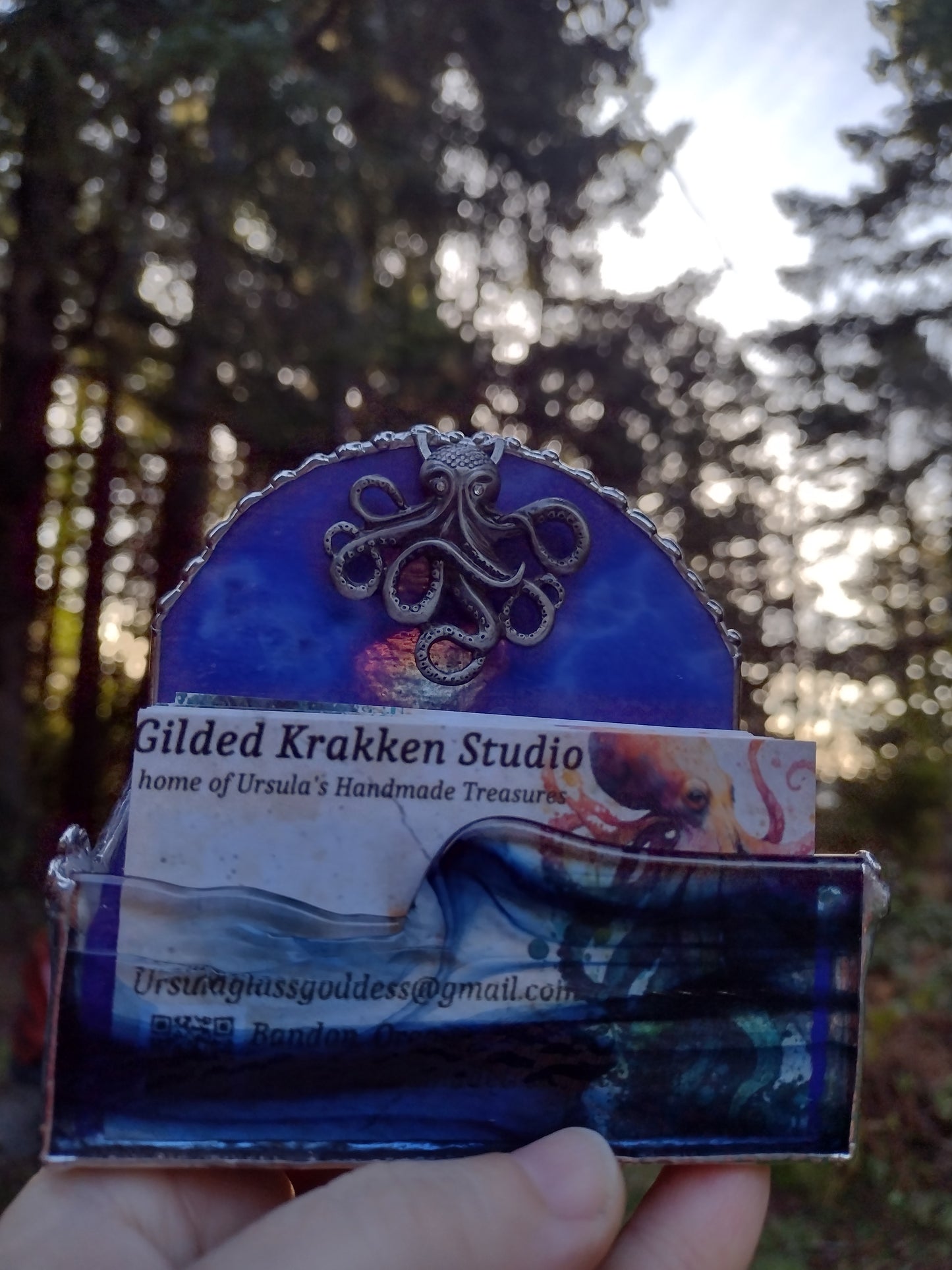 Business card holder, Stained Glass, Blue iridescent octopus, flower