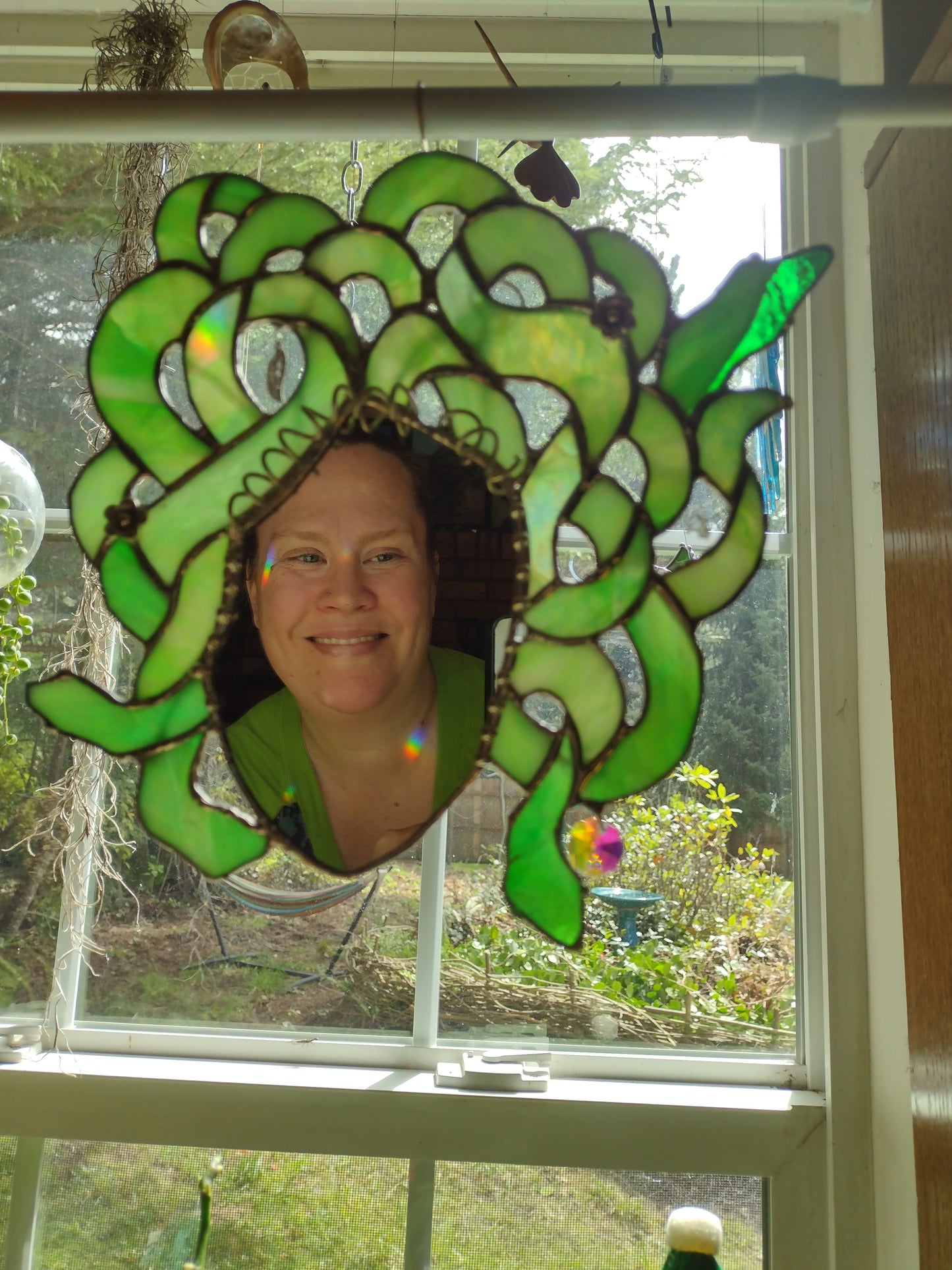 Medusa Mirror, Iridescent opal green,  Stained Glass home decor, display, stunner