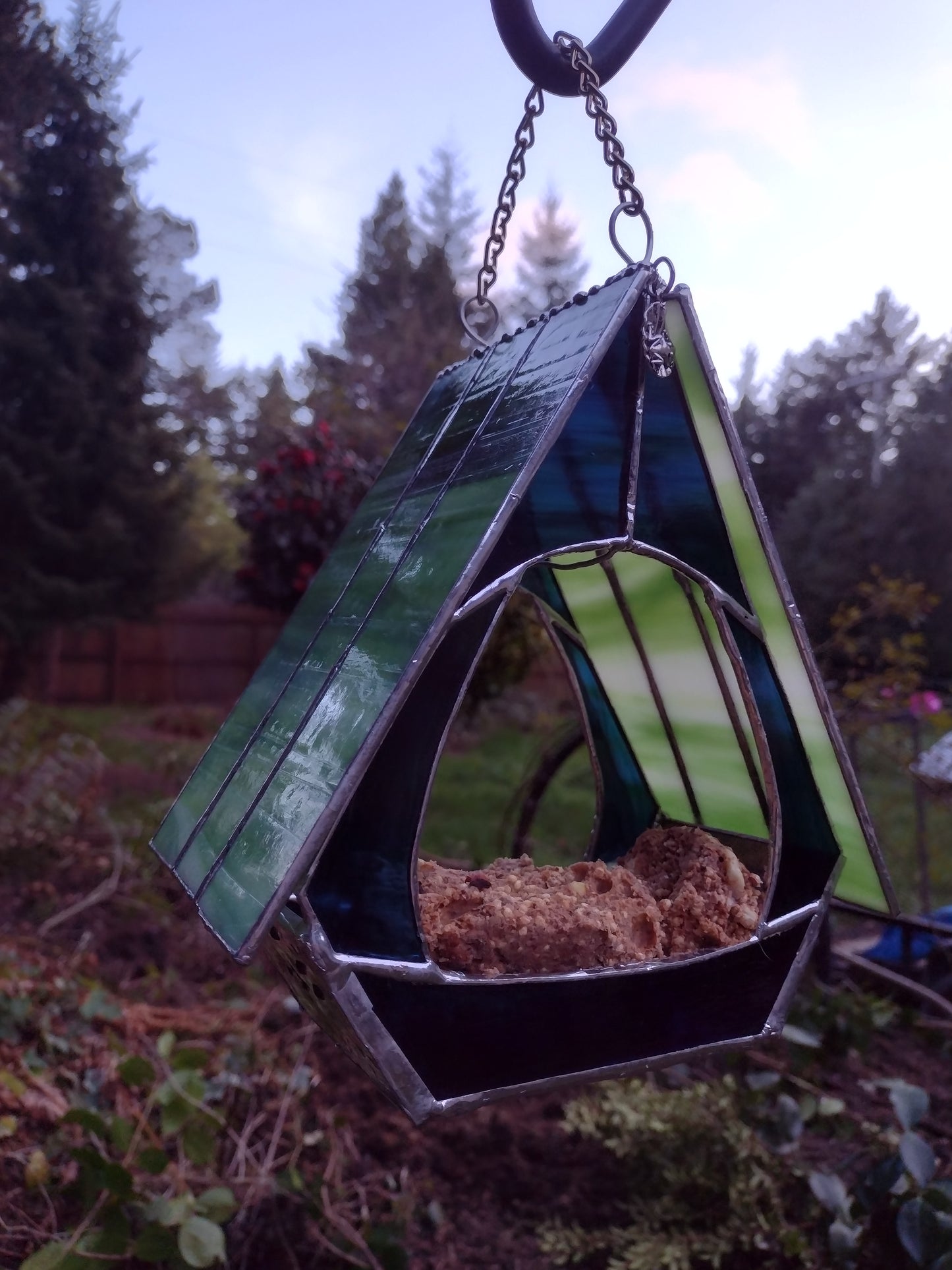 Bird feeder, Stained Glass Birdhouse bird feeder, suet holder, Old People hobby. Custom made