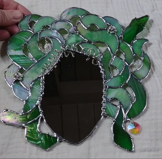 Medusa Mirror, Iridescent opal green,  Stained Glass home decor, display, stunner