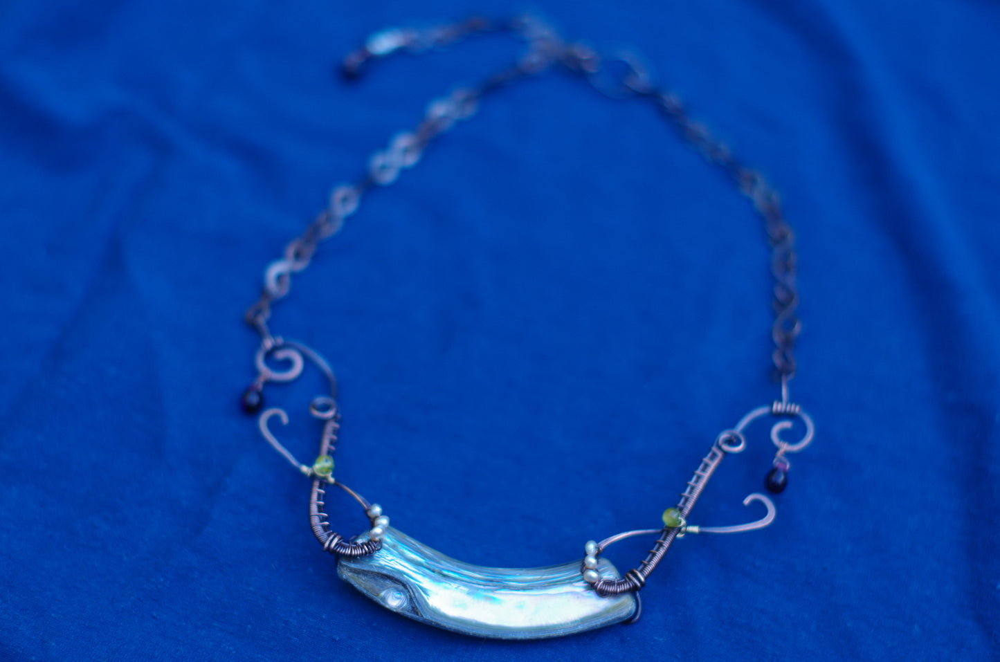 Abalone wire woven necklace, statement piece, Pure Copper and Iridescent Pacific Red Abalone