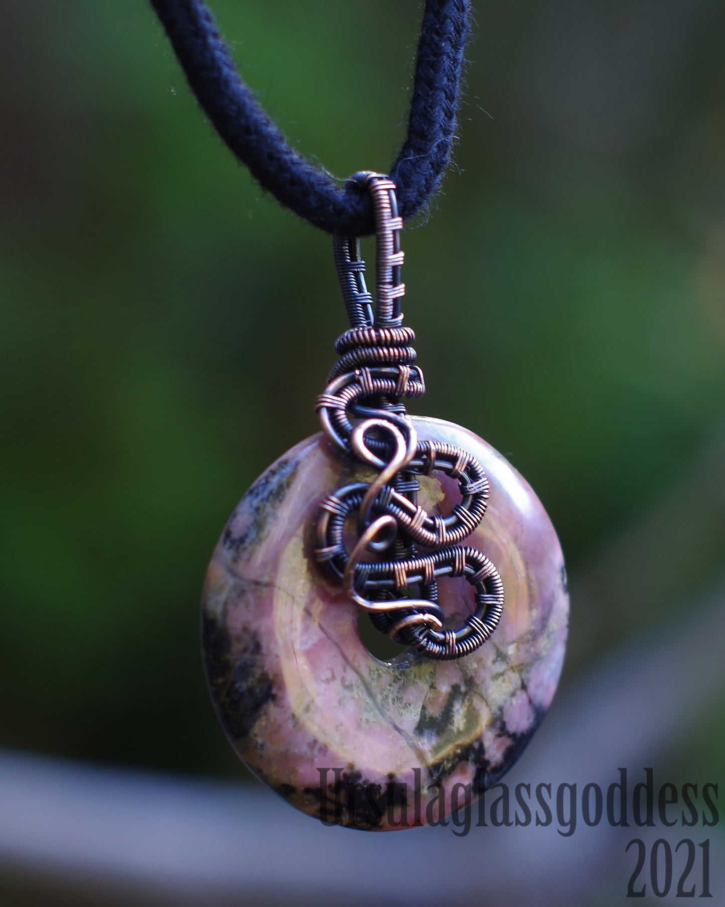Necklace, Statement Pendant, Pink Doughnut, Stone, pure Copper wire weaving.