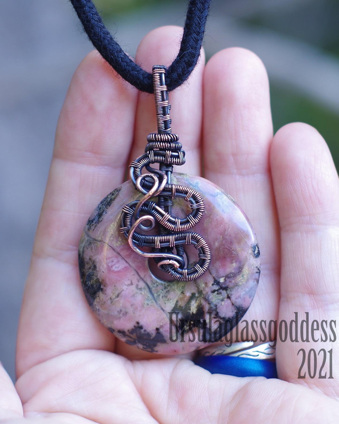 Necklace, Statement Pendant, Pink Doughnut, Stone, pure Copper wire weaving.
