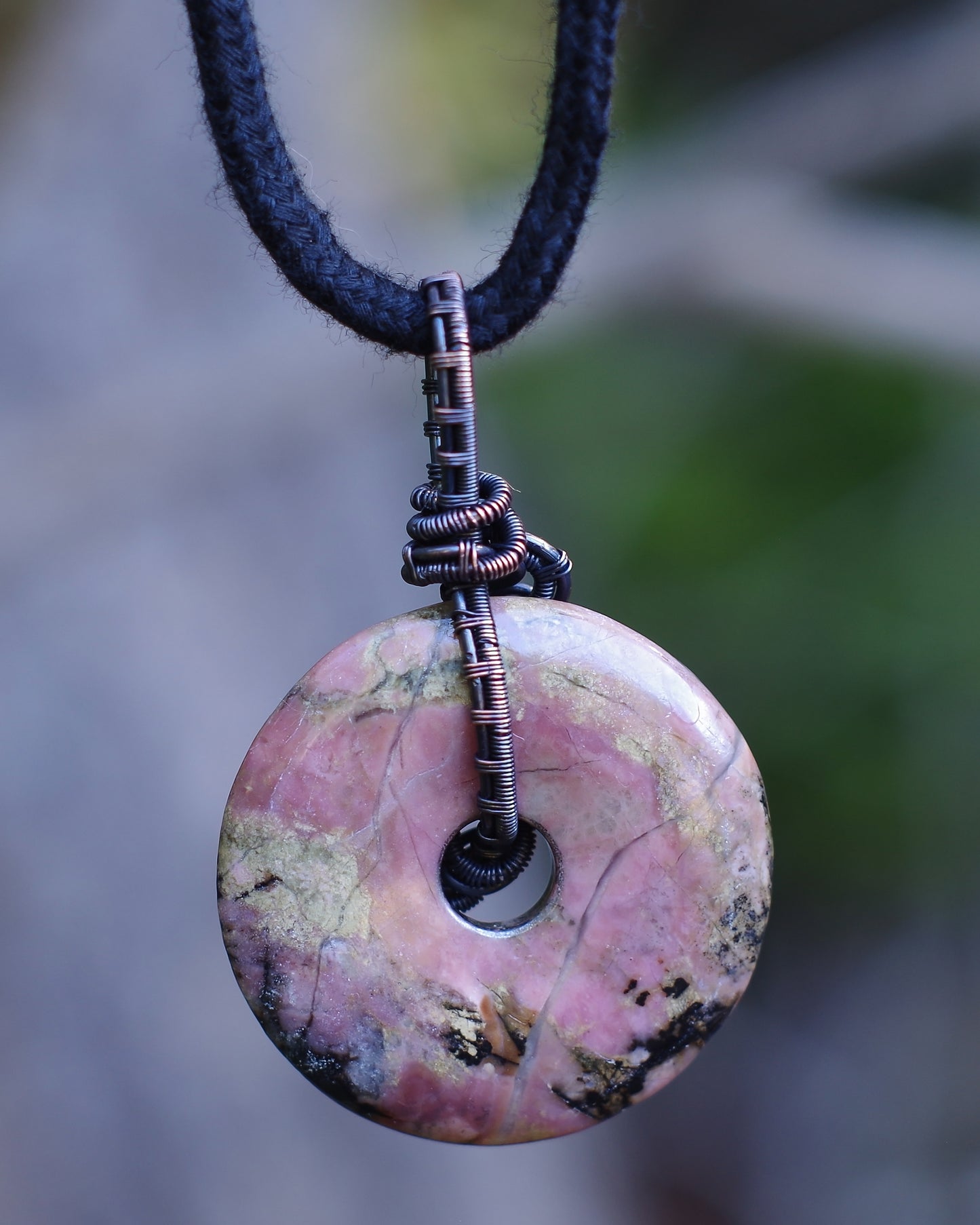 Necklace, Statement Pendant, Pink Doughnut, Stone, pure Copper wire weaving.