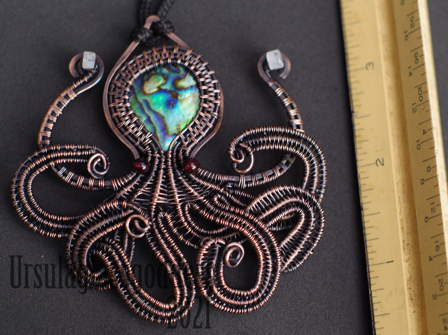 Wire weave, Octopus, Krakken, Pendant,  Abalone, Moonstone, Garnet necklace
