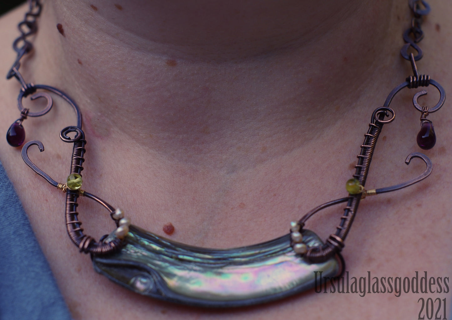 Abalone wire woven necklace, statement piece, Pure Copper and Iridescent Pacific Red Abalone