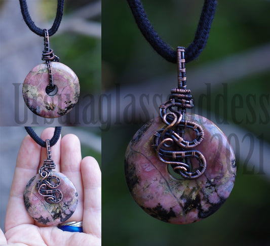 Necklace, Statement Pendant, Pink Doughnut, Stone, pure Copper wire weaving.